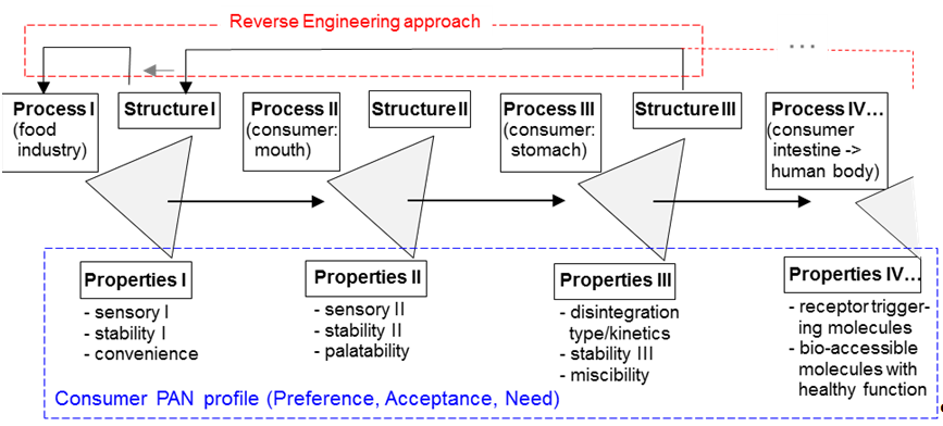 Figure 2: S-PRO2 cascade for processed foods with indications of (i) a Reverse Engineering Approach for food product and process design/development and (ii) the PAN consumer profileng